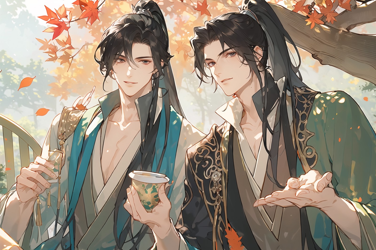 18681-537617578-multiple boys, 2boys, long hair, sitting, male focus, cup, black hair, ponytail, tree, chinese clothes, outdoors, leaf, table, h(2).png